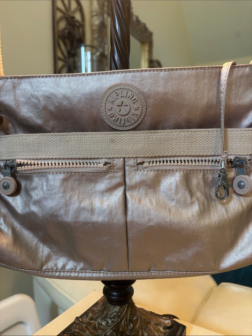 Kipling Metallic Taupe Shoulder Tote with Front Zips